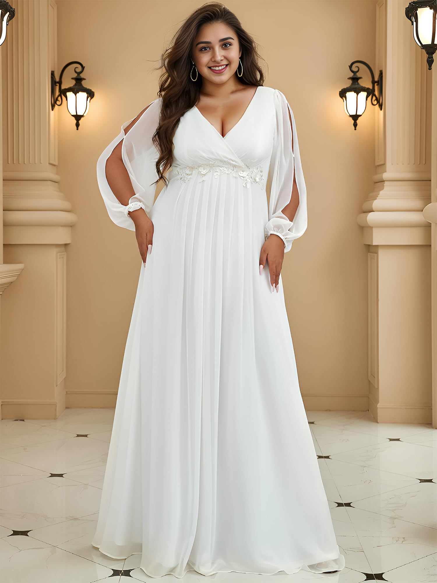 Ever-Pretty Plus Size Women's Formal Dress - V Neck Floor Length Floral Applique Lantern Sleeves Evening Gown for Curvy Women | Wedding Guest, Prom, Cocktail Party, Special Occasion