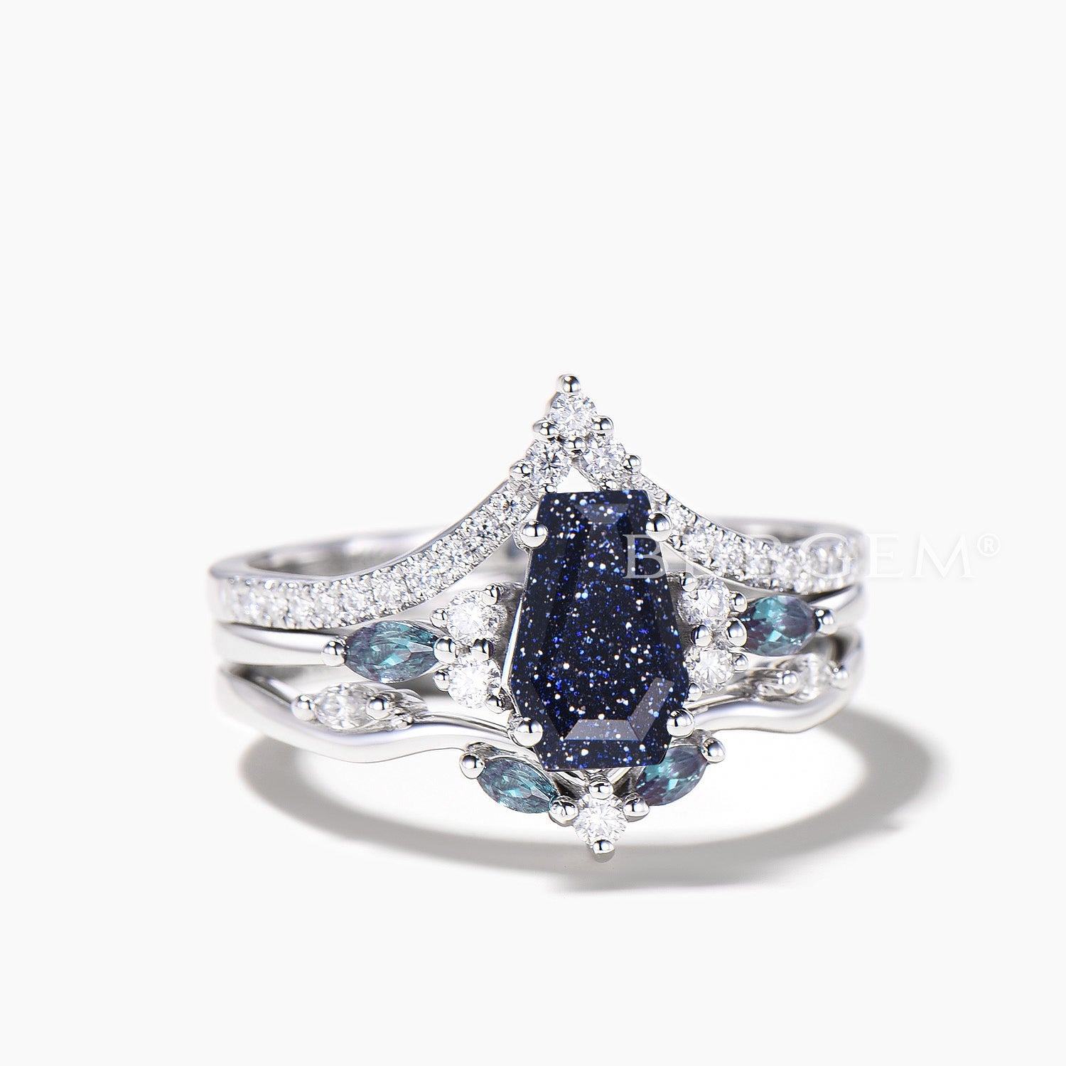 3pcs Coffin Blue Sandstone Cluster Bridal Set Alexandrite Diamond Engagement Ring for Women - Elegant Wedding Jewelry, Perfect for Proposals, Anniversaries & Special Occasions