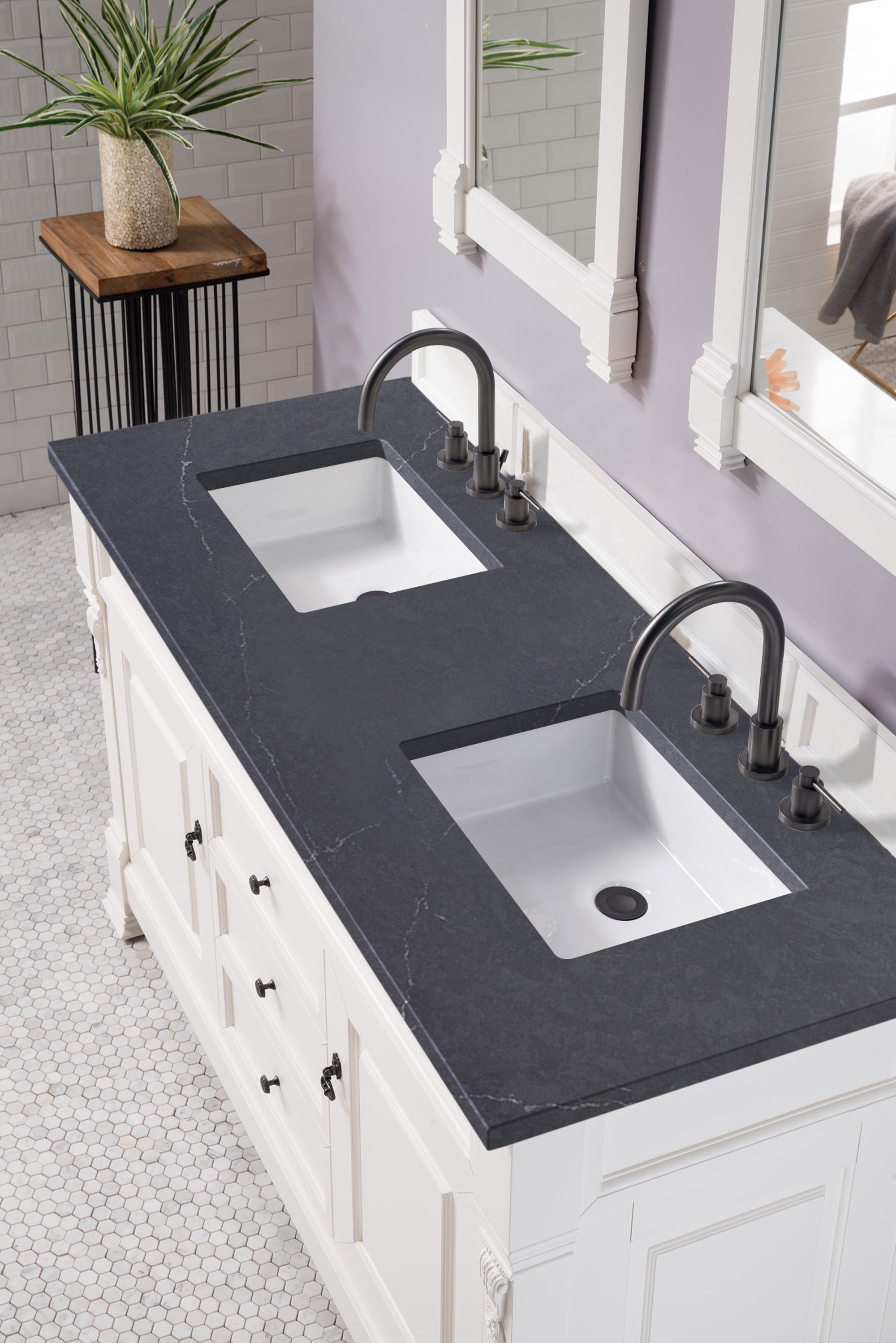 Brookfield 60 Inch Double Vanity with Bright White Finish and 3CM Charcoal Soapstone Quartz Countertop - Perfect for Modern Bathroom Renovation & Master Suite Upgrade