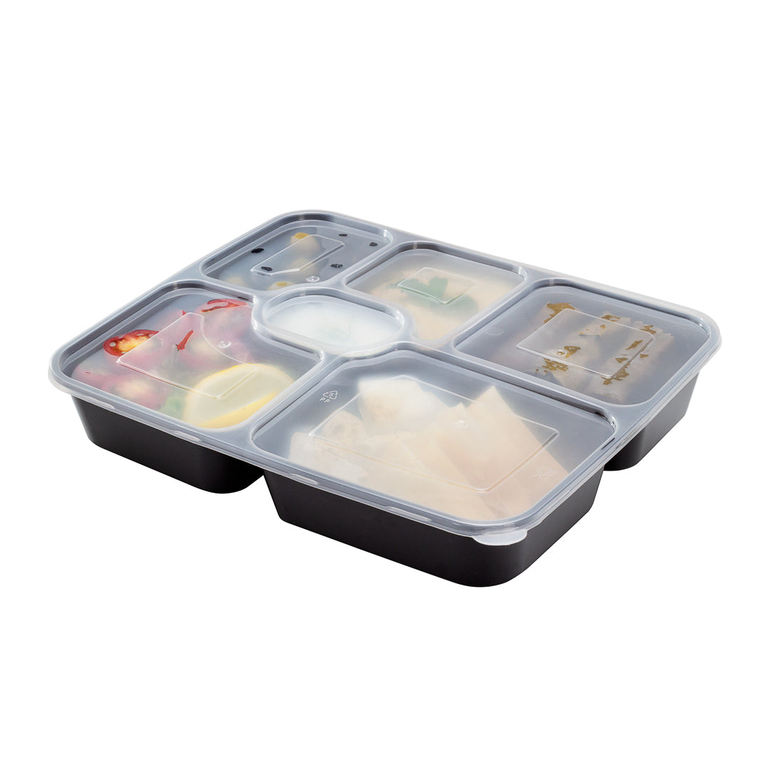 53 oz Black Plastic 6-Compartment Food Storage Container with Clear Lid - Microwave Safe (9.75