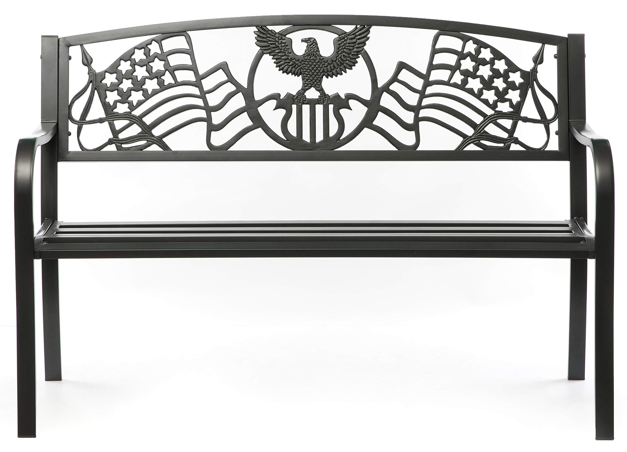 Patriotic American Flag & Eagle Backrest Steel Outdoor Bench - Heavy Duty Cast Iron Garden, Park, Porch & Lawn Seating for Decorative Patio, Yard & Outdoor Spaces