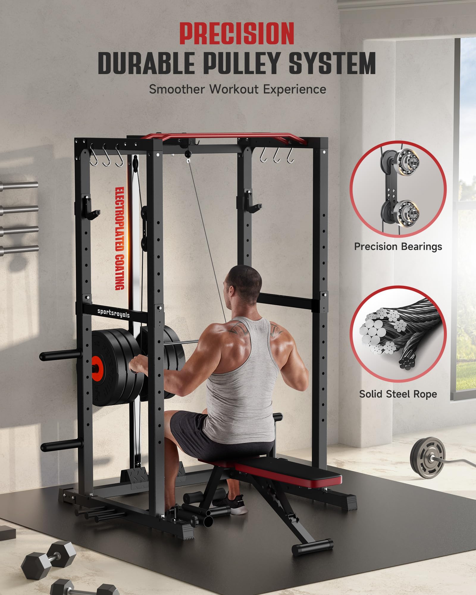 Sportsroyals 1600lbs Power Cage - Adjustable Cable Crossover System & Multi-Function Power Rack with Training Attachments for Home Gym | Strength Training & Weightlifting Equipment for Full-Body Workouts
