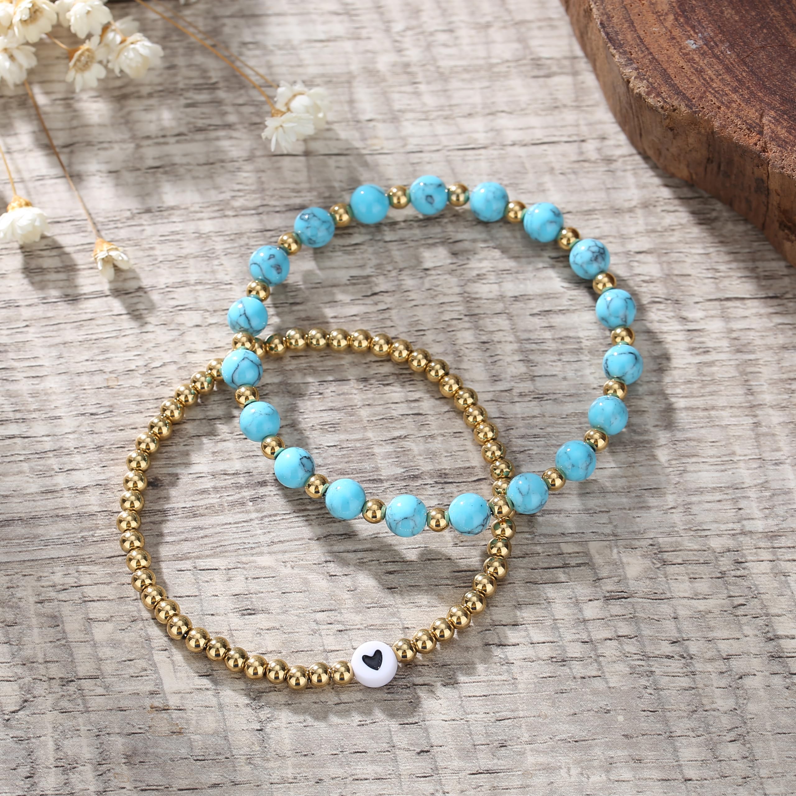 2Pcs Gold Beaded Bracelet Set for Women, Turquoise Jewelry Gift for Mom, Daughter, Sister & Friends - Perfect for Birthday, Anniversary & Everyday Wear