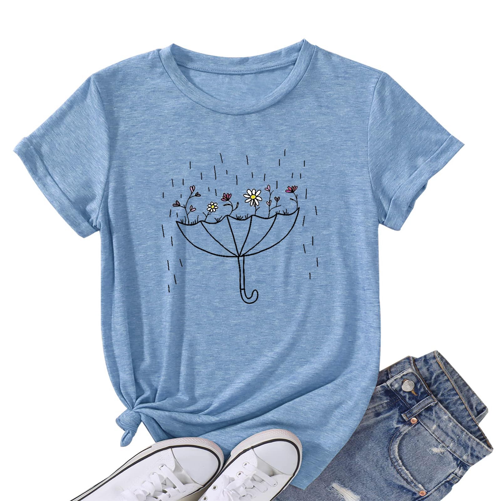 Women's Cute Inspirational 'Flowers in The Rain' Summer T-Shirt - Perfect for Casual Outfits, Beach Vacations & Outdoor Activities
