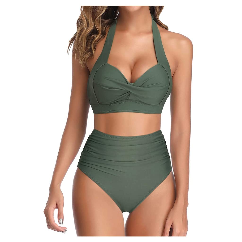 MMLLZEL Women's High Waist Bikini Set - Backless Two Piece Swimwear with Gathered Pleated Design, Solid Color Bathing Suit (Color A, Size XL) | Perfect for Beach Vacation, Pool Party & Summer Getaways