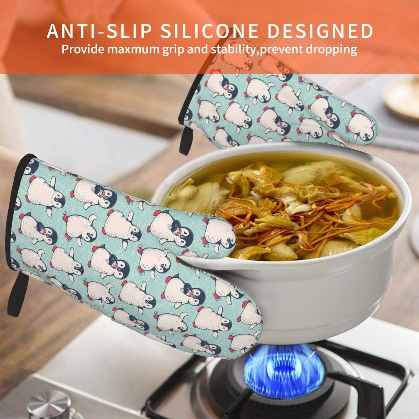 Heat Resistant Oven Mitts Set of 2 - Non-Slip Penguin Design Kitchen Gloves for Baking, Grilling & Cooking - Perfect for Holiday Baking & BBQ Parties