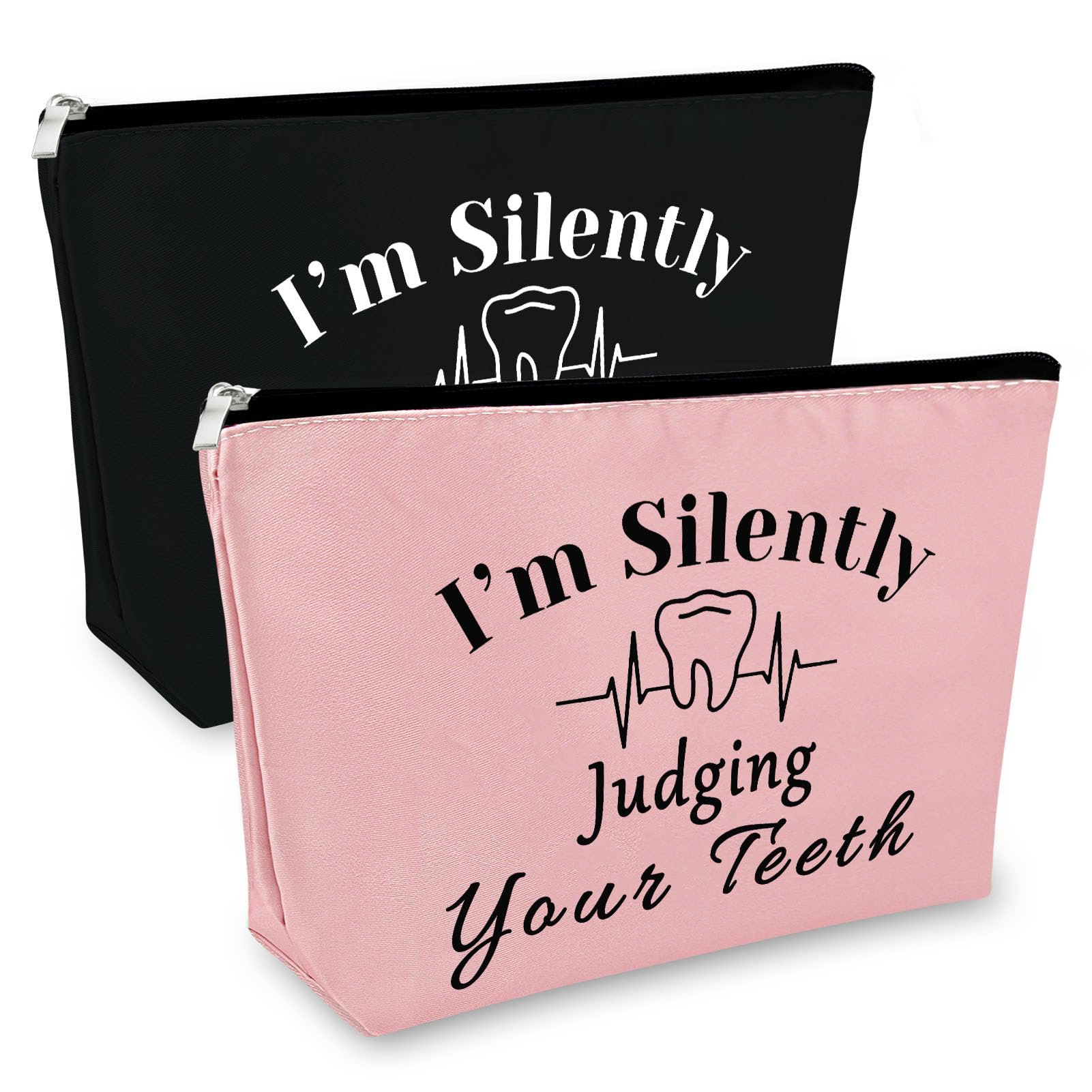 2Pcs Funny Dentist Gifts Makeup Bags - Dental Hygienist Appreciation Presents for Women, Travel Cosmetic Pouch for Dental Assistants (Black&Pink) - Perfect for Christmas, Birthday & Travel Essentials Organization