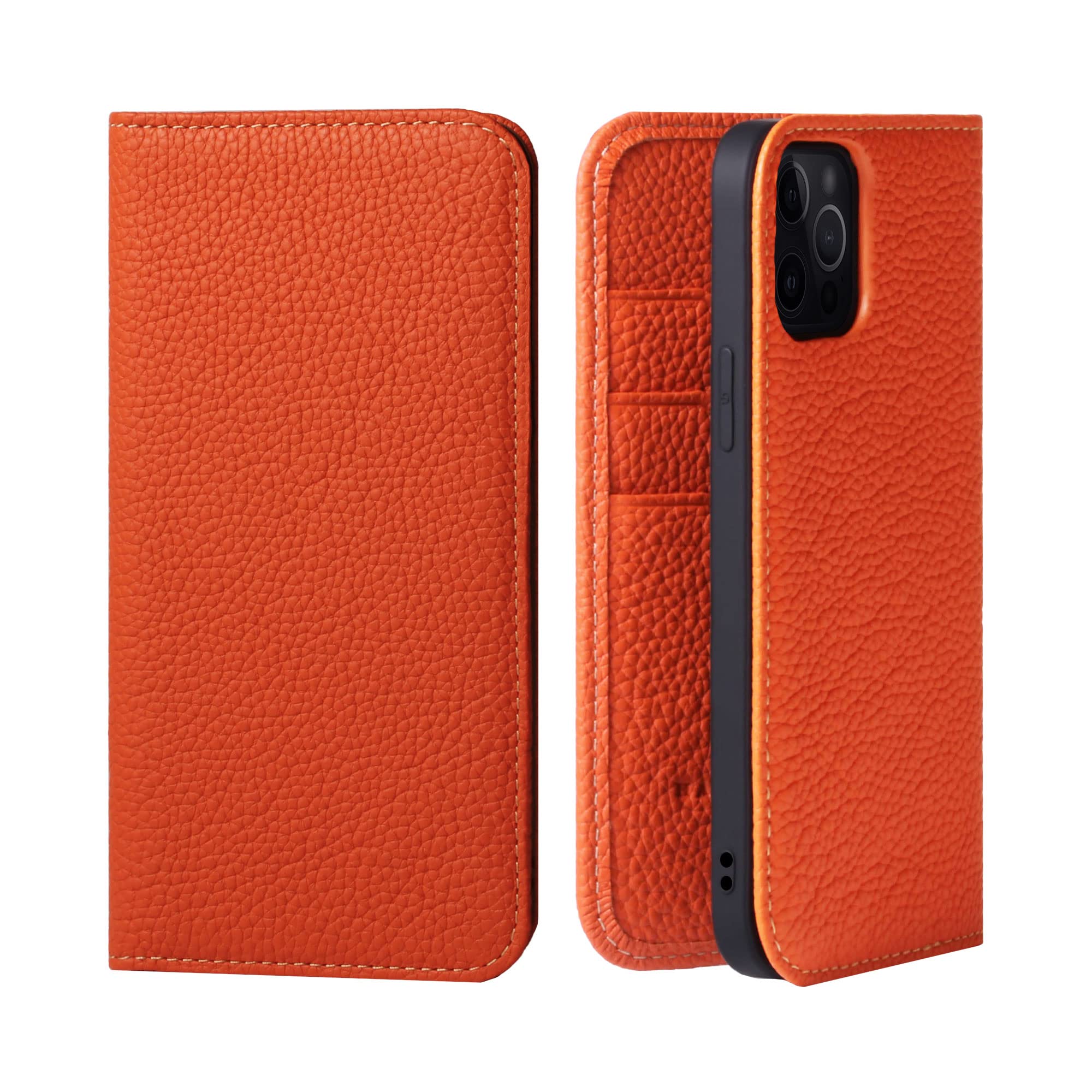 Genuine Leather Flip Case for iPhone 13 Pro with Card Holder - Japanese Style Premium Quality Phone Cover (No Magnets) - Perfect for Business, Travel & Everyday Use - PH-13Pro-Orange