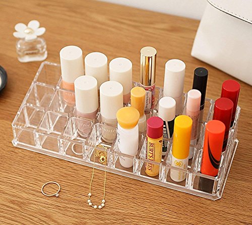 JELLEX 24-Slot Clear Acrylic Lipstick Organizer Stand - Cosmetic Makeup Storage for Lipsticks, Brushes, Bottles & Beauty Essentials - Perfect for Vanity, Bathroom & Travel Organization