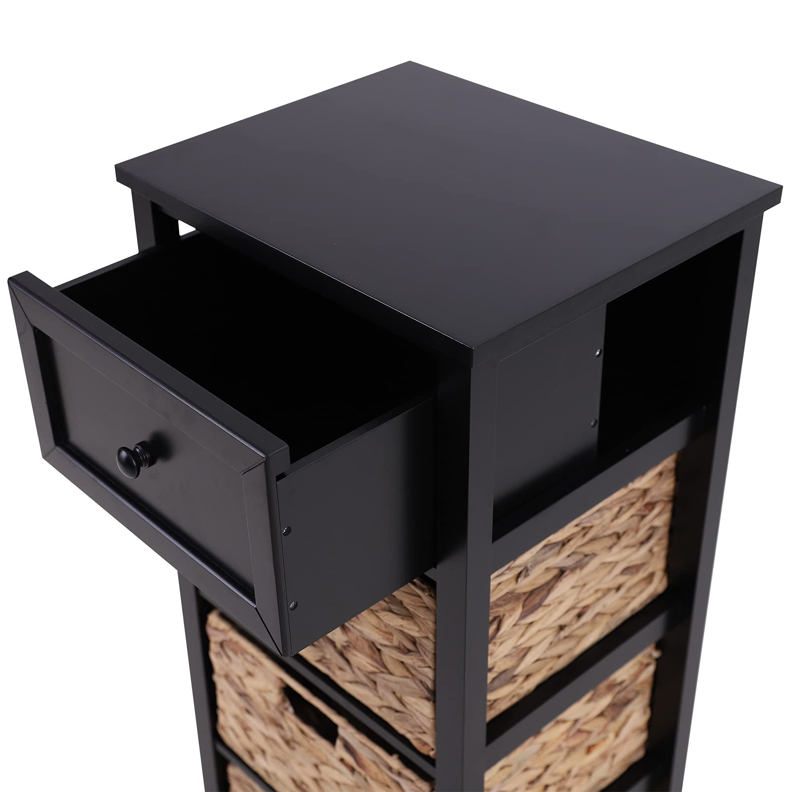 PHI VILLA Farmhouse Style Narrow Storage Cabinet with Rattan Baskets & Drawer - Small Space Organizer for Bathroom, Entryway, Bedroom - Black Accent End Table with Shelves | Perfect for Home Decor, Apartment Living & Dorm Rooms | Organize Towels, Shoes, Books & Essentials | Space-Saving Solution for Compact Areas & Cozy Spaces