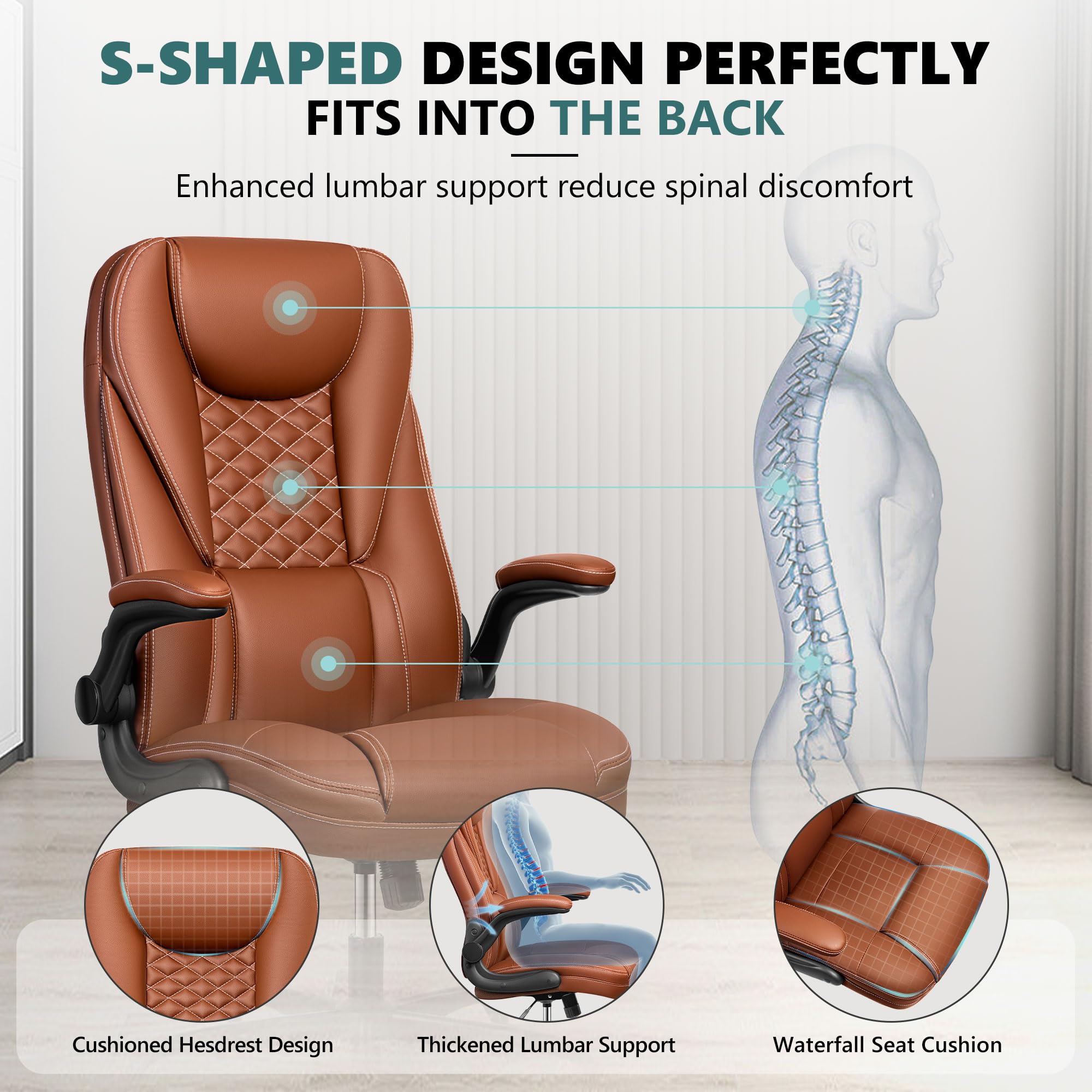 Premium Big and Tall Executive Office Chair - Ergonomic Leather High Back Chair with Lumbar Support & Adjustable Flip-Up Arms - Home Office Desk Computer Chair (Brown) - Perfect for Long Work Hours & Gaming Sessions