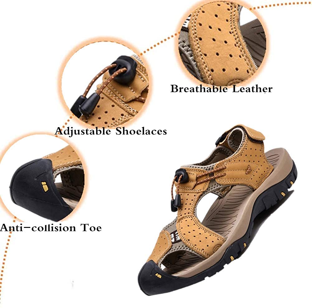 Asifn Men's Outdoor Hiking Leather Sandals - Waterproof Closed Toe Sport Slides for Walking, Fishing & Climbing | Summer Athletic Shoes for Beach, Camping & Water Activities