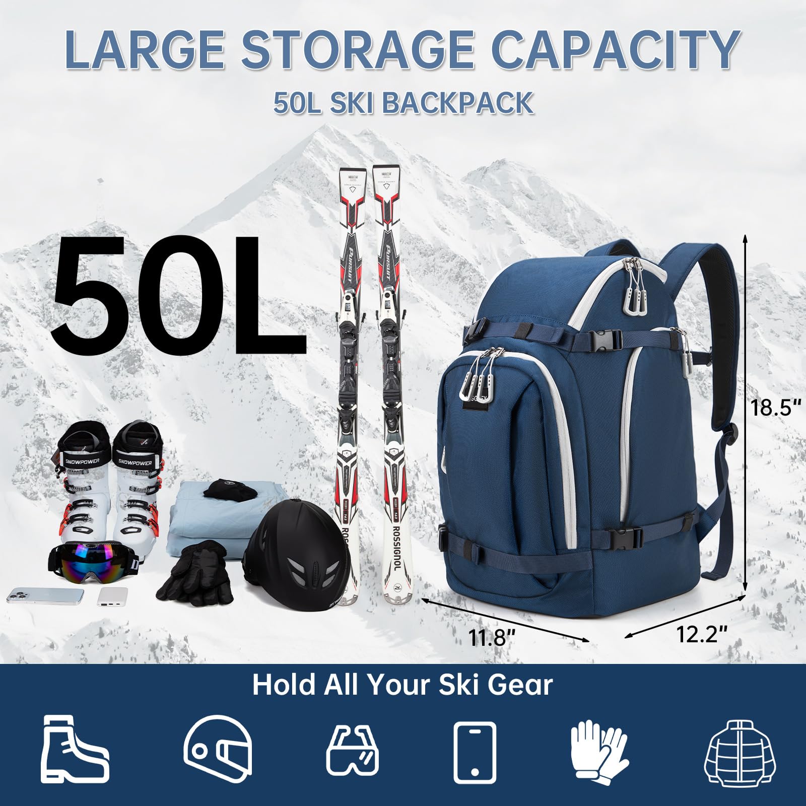 50L Waterproof Ski & Snowboard Travel Backpack with Padded Boot Compartment - Carry Skis, Snowboard Gear & Accessories - Perfect for Ski Trips, Mountain Resorts & Winter Sports Travel