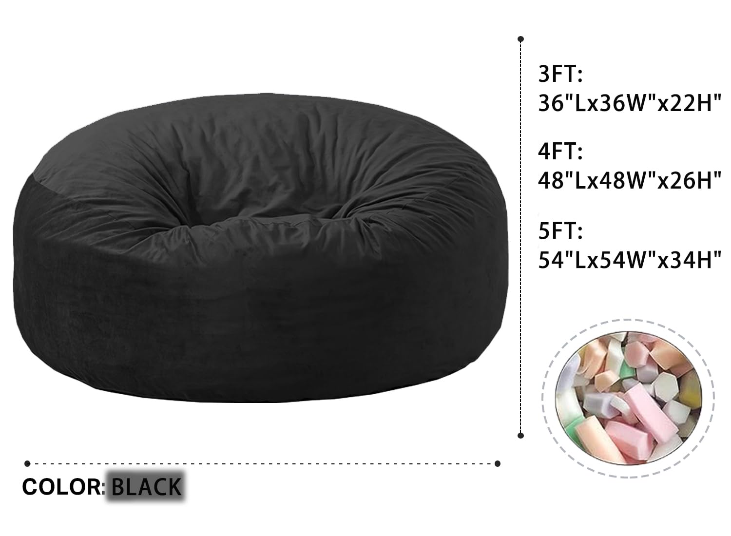 **WhatsBedding Medium Bean Bag Chair for Adults - Adjustable Foam Filling, Dutch Velvet Cover, Soft Fabric - 3 Foot Black - Perfect for Living Room, Bedroom, Game Room & Relaxation**