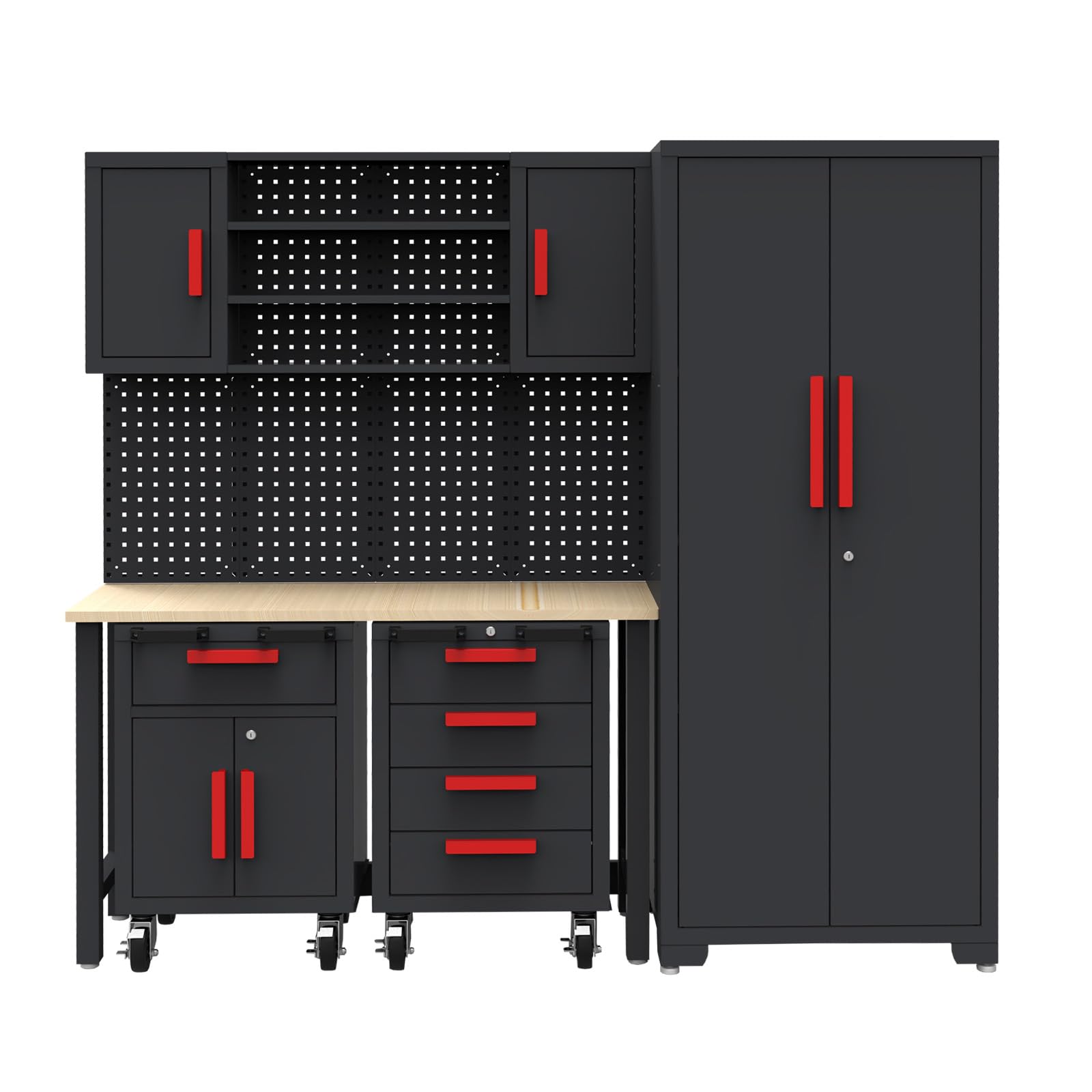 GSSTANDARD 6-Piece Black Garage Storage Cabinet Set with Steel Cabinets, Drawers & Rolling Chest - Heavy Duty Workshop Organization System with Pegboard - Perfect for Garage Tool Storage, DIY Projects & Home Workshop Organization