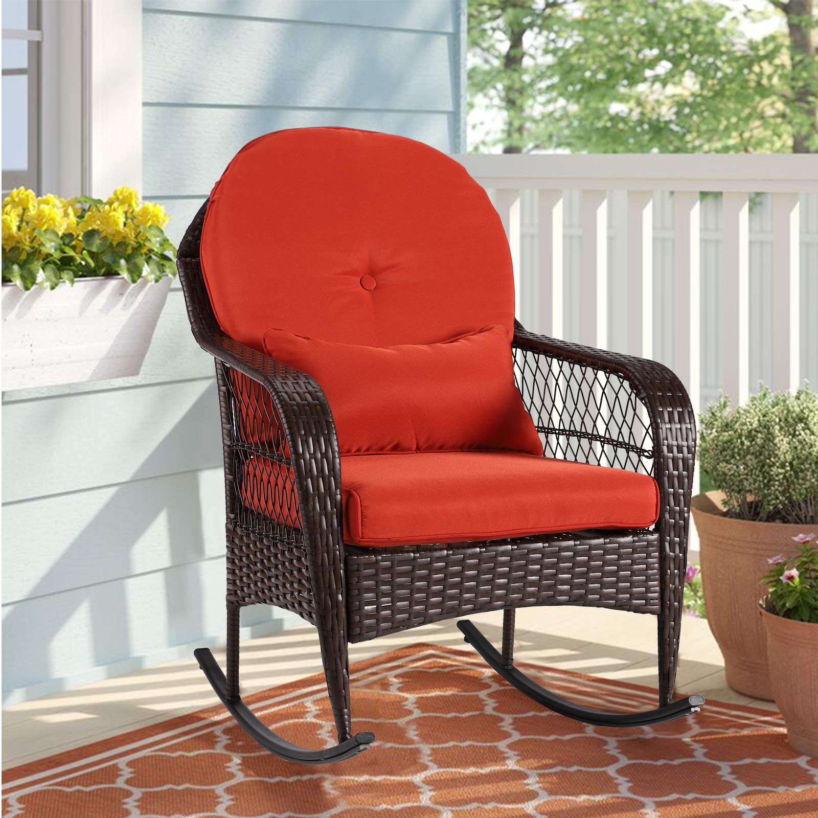 **All-Weather Outdoor Wicker Rocking Chair with Cushions - Brown Wicker & Orange Cushion - Perfect for Garden, Patio, Yard, Porch, Lawn, Balcony & Backyard Relaxation**