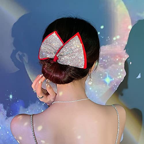 Elegant Rhinestone Bow Tie Hair Clip & Bun Maker Set - Quick French Twist Hairstyle Donut, Magic Hair Bun Twister for Women (Red) | Perfect for Weddings, Parties & Everyday Elegant Hairstyles