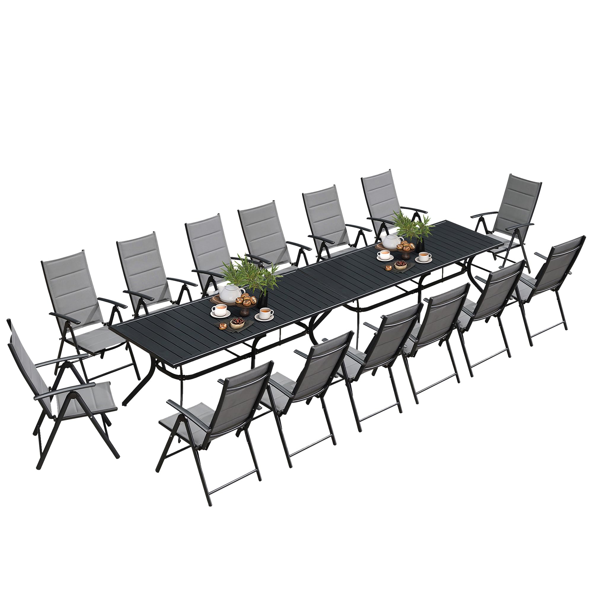 PURPLE LEAF 16-Piece Outdoor Dining Set with 2 Large Aluminum Rectangle Patio Tables & 14 Padded Folding Chairs - Modern Gray Patio Furniture for Deck, Garden, Yard | Perfect for Outdoor Entertaining & Family Gatherings