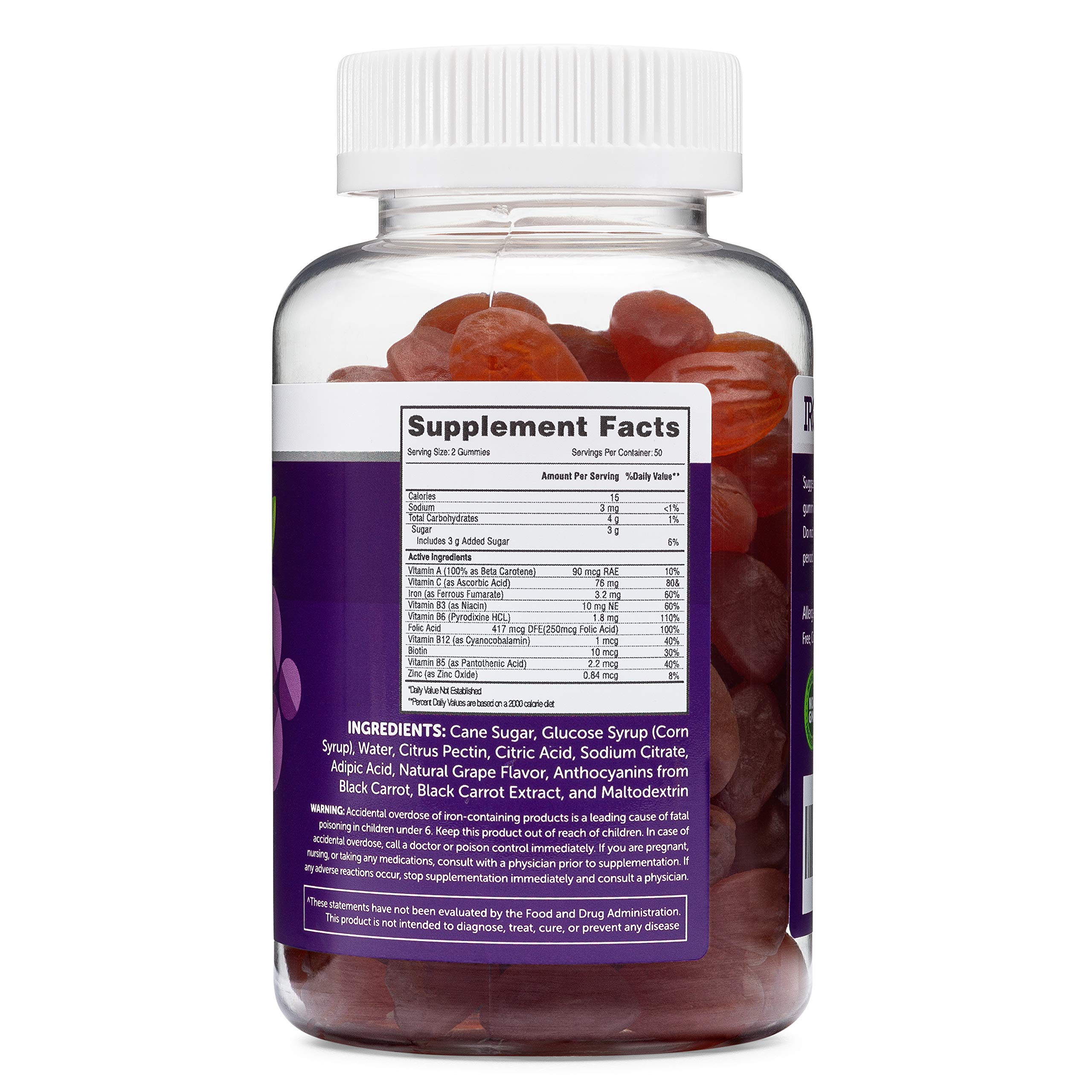 Iron Gummies for Adults & Kids - Chewable Multivitamin with Iron, Vitamin C, A, B, Zinc, Folic Acid & Biotin | Grape Flavor | Vegan, Non-GMO | Made in USA by HERBATECH | Supports Energy, Immunity & Healthy Hair Growth for Busy Lifestyles & Active Families