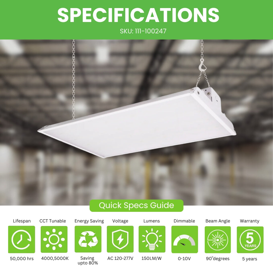 110W LED Linear High Bay Light - 1.5ft Tunable CCT 5000K/4000K - Chain Mount - UL+DLC Certified - Perfect for Warehouses, Factories & Commercial Lighting