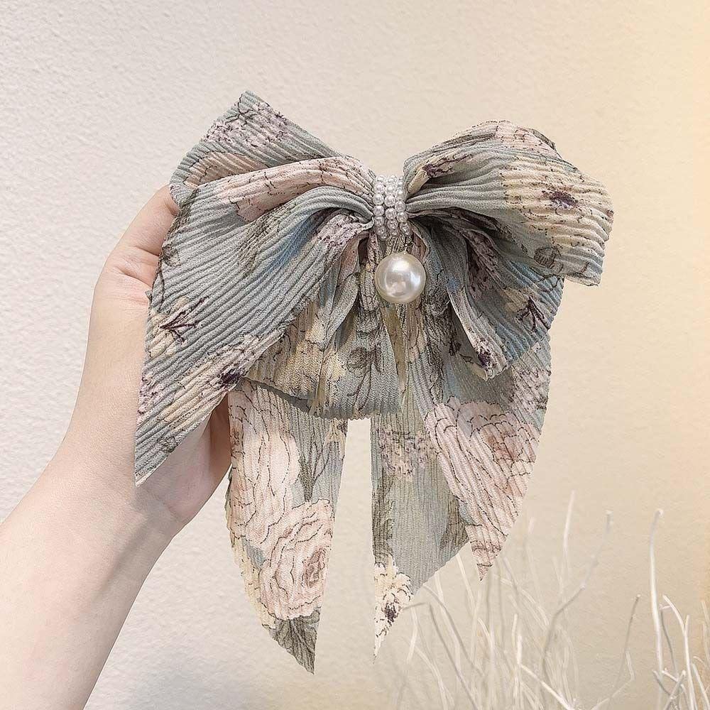 ASG Floral Korean Pearl Chiffon Bow Hair Clip - Large Bowknot Spring Hairpin for Women & Girls, Strong Hold Hair Accessory for Wedding, Party & Daily Use