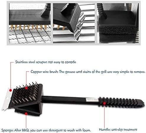 Best BBQ Grill Brush - 3-in-1 Barbecue Cleaning Brush with Scraper & Sponge | Heavy Duty Copper Wire Bristles & Non-Slip Handle | Perfect for Gas, Charcoal & Outdoor Grills | Ideal for Backyard BBQs, Camping & Tailgating