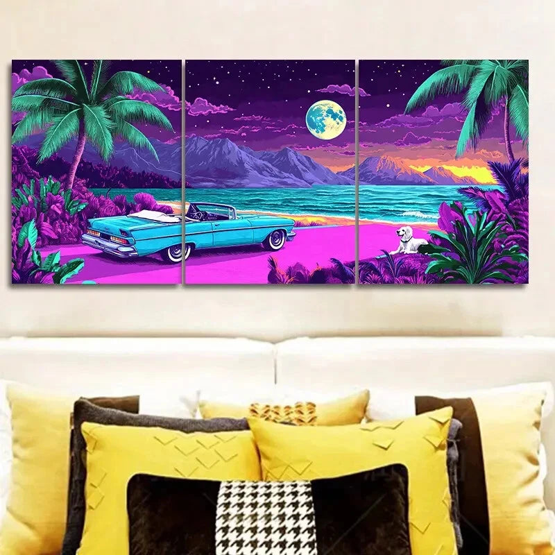 3-Piece Vibrant Tropical Miami Beach Wall Art Set - Framed Canvas 40x60cm (16x24in) - High Quality Print - 100% Australian Made - Ready to Hang - Perfect for Living Room, Bedroom & Beach House Decor