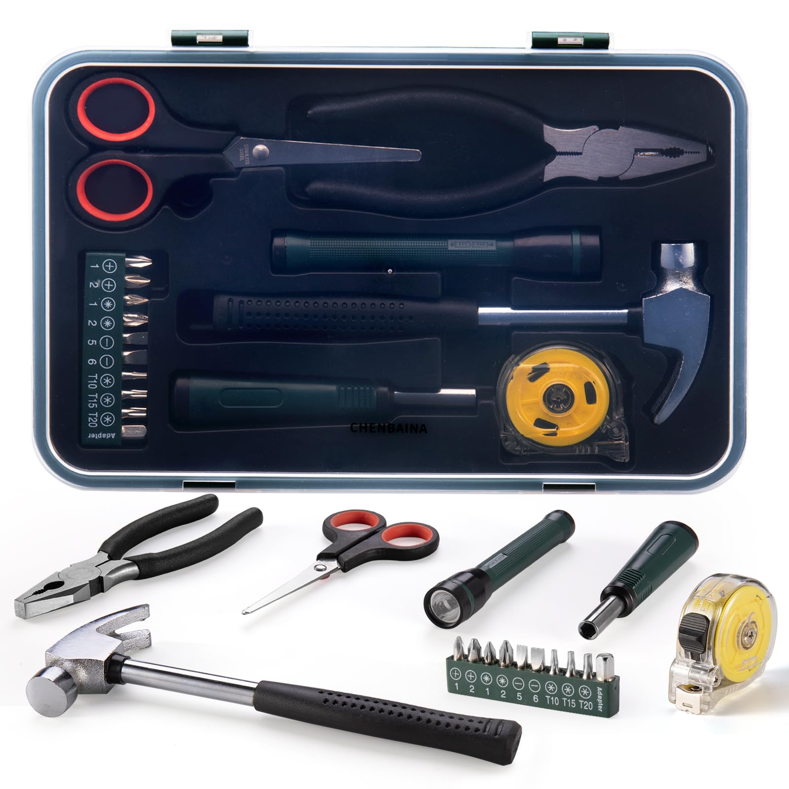 16-Piece Mini Portable Tool Kit with Plastic Storage Case - Essential Home, Apartment & College Dorm Tools for DIY Repairs, Hanging Pictures & Furniture Assembly