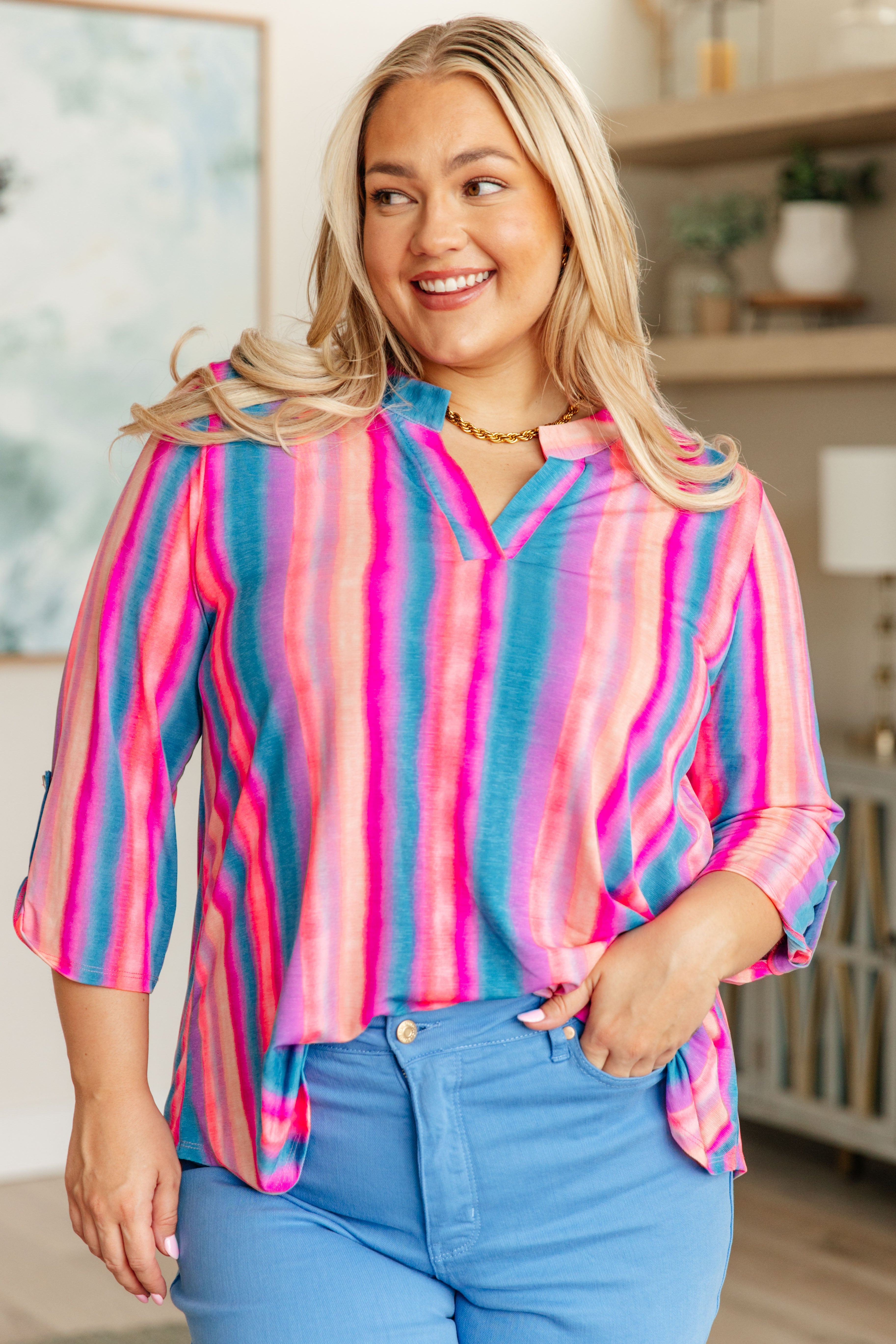 Lizzy Top - Blue and Pink Striped Women's T-Shirt | Casual Summer Tee for Outfits, Beach & Everyday Wear