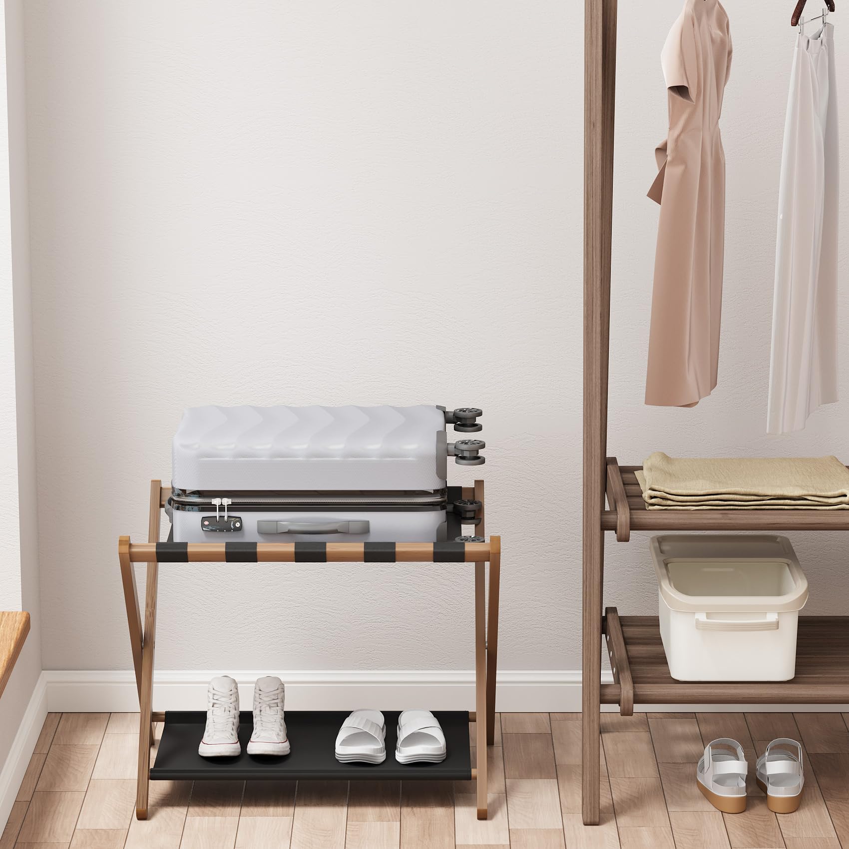 Smuxee Foldable Walnut Bamboo Luggage Rack with Storage Shelf - 5 Nylon Straps for Bedroom, Guest Room & Hotel Use - Easy Assembly Suitcase Stand | Perfect for Travel Storage & Space-Saving Organization