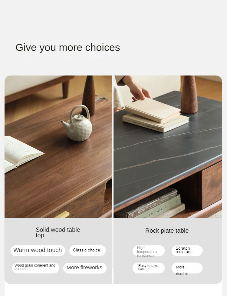Solid Black Walnut Wood Storage Coffee Table with Rock Plate - Rustic Living Room Furniture for Home Decor & Organization
