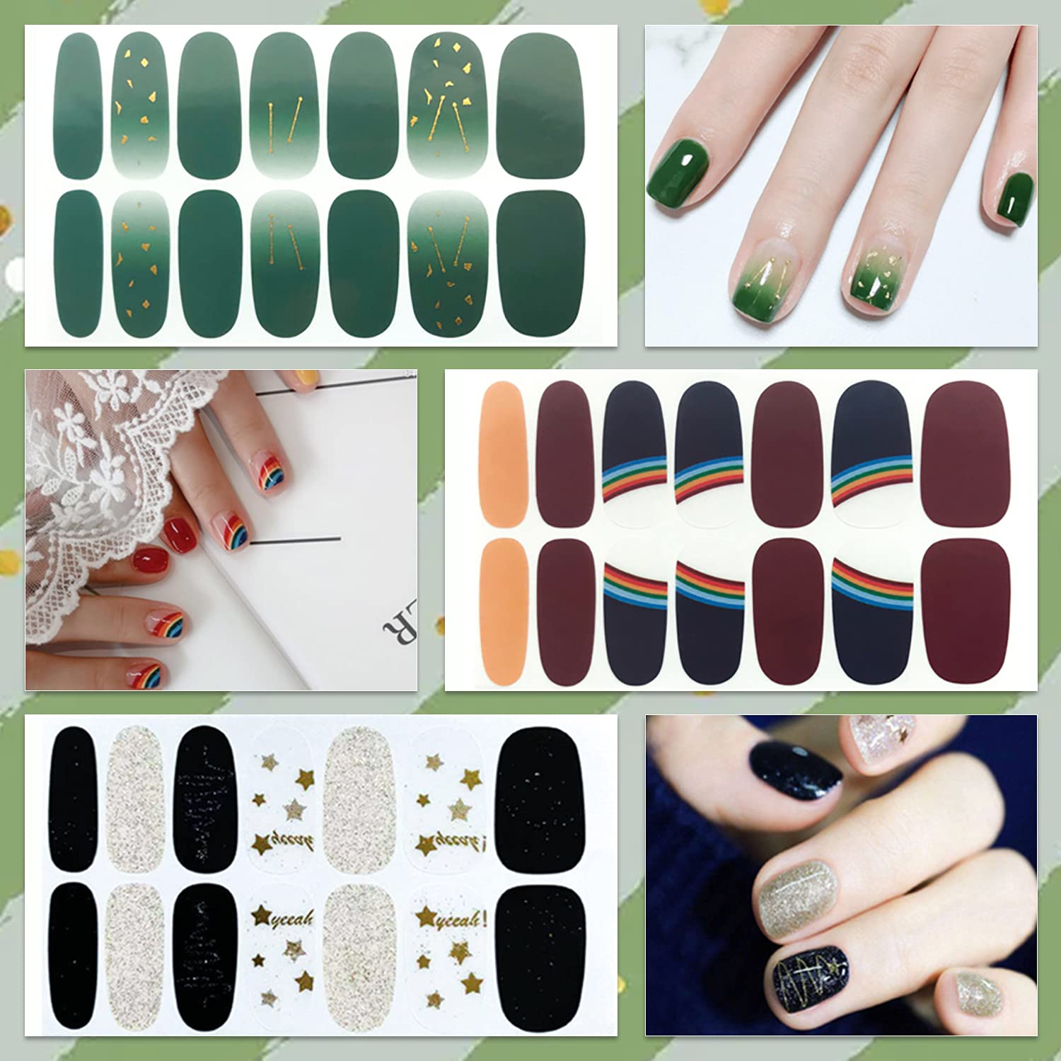 WOKOTO 16 Sheets Mix Design Full Nail Wraps - Gel Nail Polish Strips for Women | Peel & Stick Nail Art Stickers | Gradient Pointed Design | Perfect for Parties, Weddings & Everyday Wear