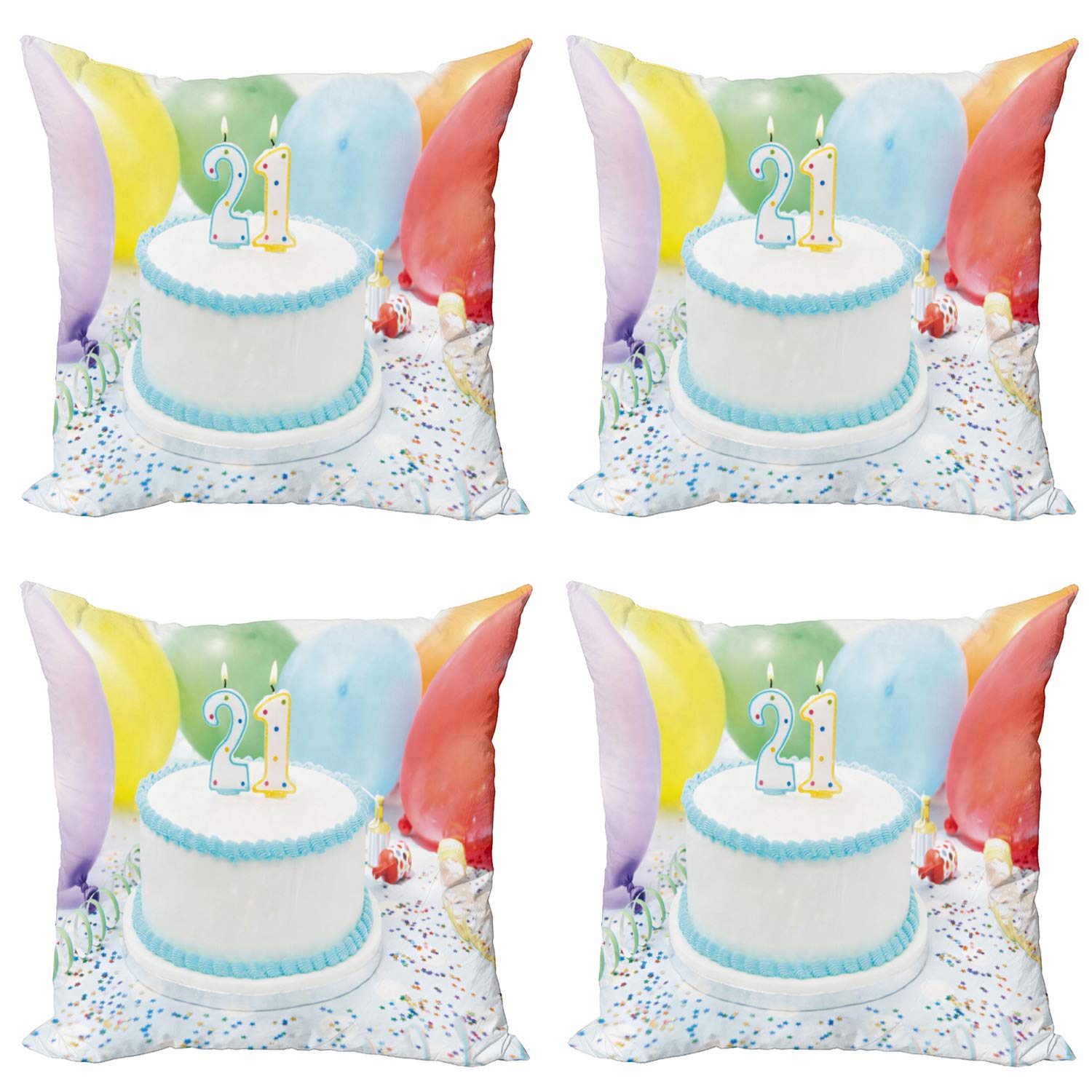 Ambesonne 21st Birthday Throw Pillow Covers Set of 4 - USA Legal Age 21 Celebration with Colorful Balloons & Cake Print - Modern Double-Sided Digital Printed Cushion Covers 16 Inch - White & Pale Blue - Perfect for 21st Birthday Parties, Dorm Decor & Home Accents