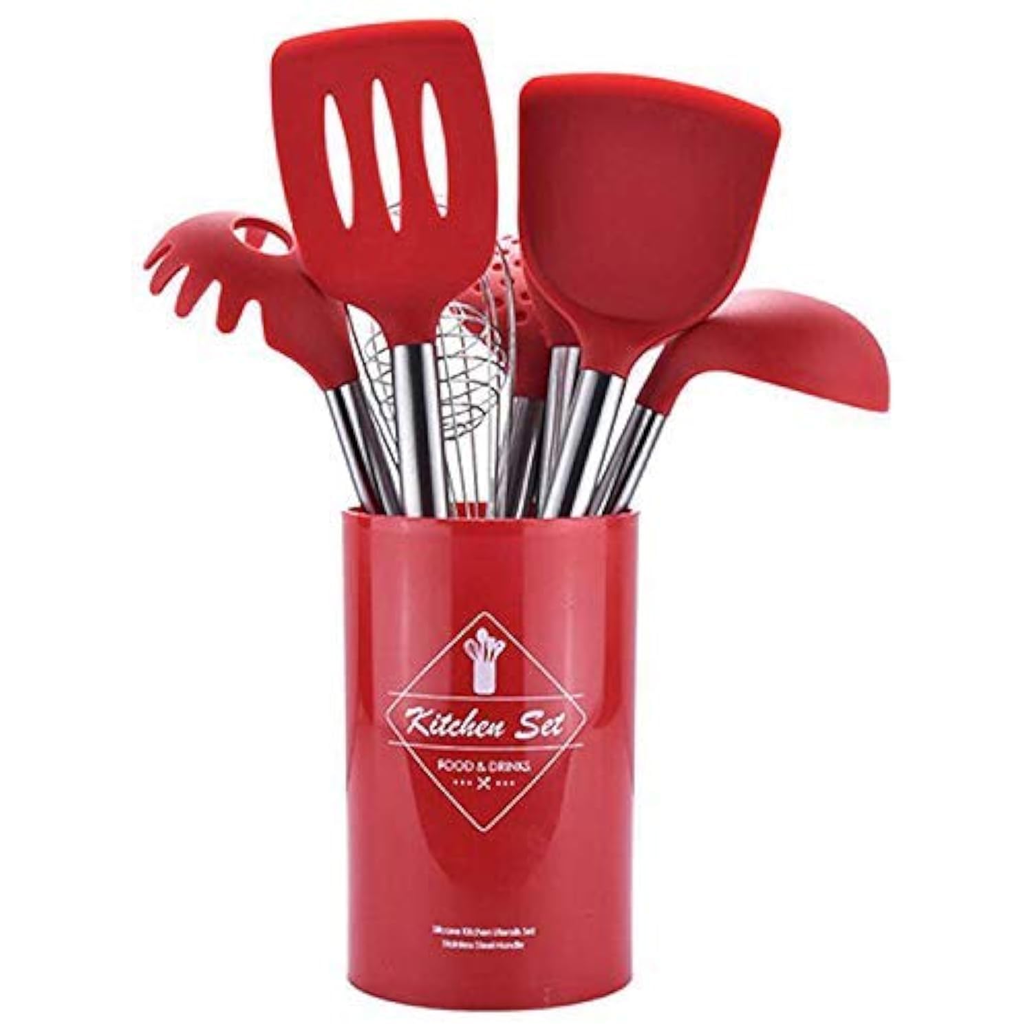 8-Piece Red Silicone Stainless Steel Kitchen Utensil Set - Non-Slip Heat-Resistant Cooking Tools for Baking, Frying & Serving - Perfect Gift for Home Chefs