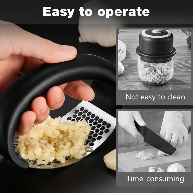 Premium Stainless Steel Garlic Press Rocker - Manual Garlic Crusher & Masher with Peeling Drum - Durable Kitchen Gadget for Chopping, Mincing Garlic - Perfect for Home Cooking, Restaurants & Camping (Black)