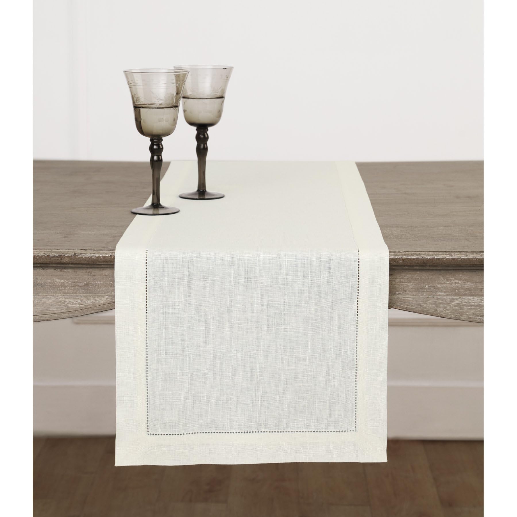 Solino Home 100% Pure Linen Table Runner 16 x 120 Inches - Classic Hemstitch Ivory Dining Table Decor for Weddings, Parties, Spring & Easter - Perfect for Mother's Day Gifts & Holiday Home Decor