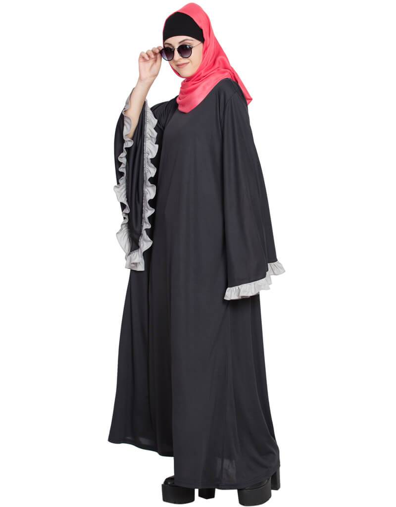 Elegant Arabic Butterfly Sleeve A-Line Casual Abaya Dress for Women - Grey Islamic Prayer Dress for Mosque, Eid & Everyday Wear
