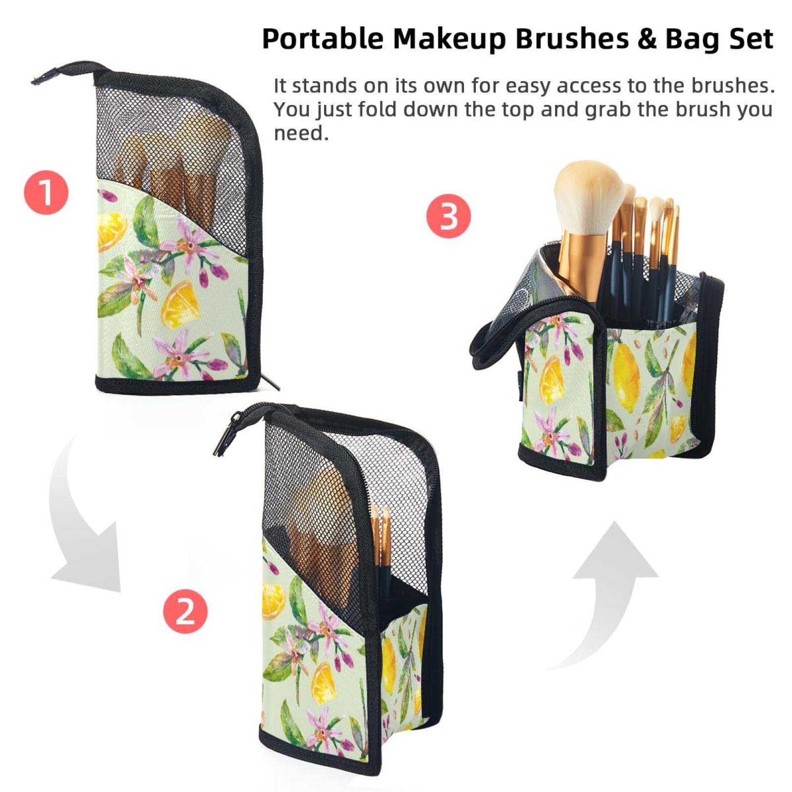 12-Piece Makeup Brush Organizer Bag with Watercolor Lemon Leaf Design - Portable Cosmetic Brush Holder Case for Travel, Home & Professional Makeup Artists