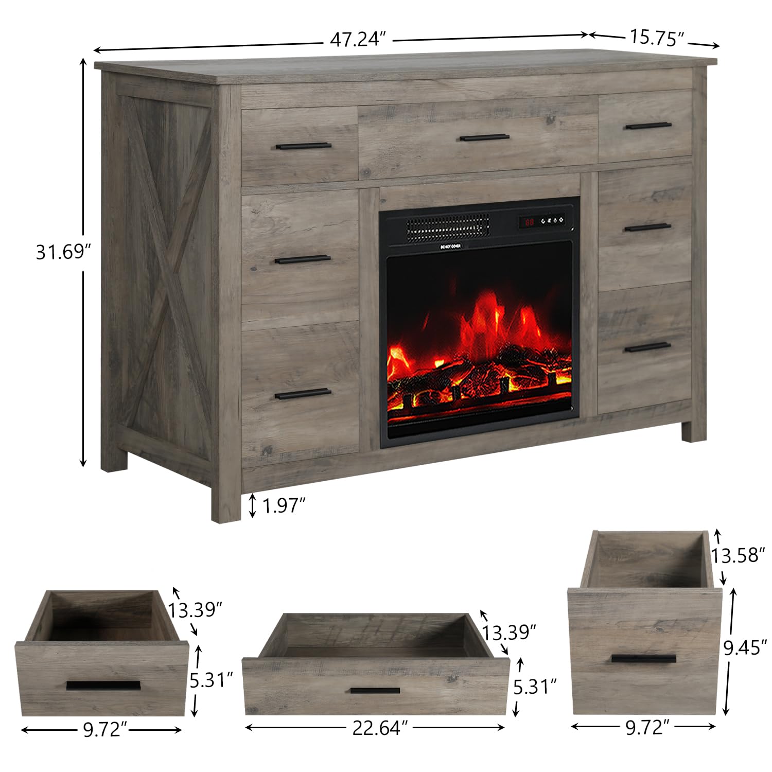 Farmhouse Bedroom Set with Fireplace - Grey Wooden Dresser & Nightstands, 7-Drawer Storage & 18