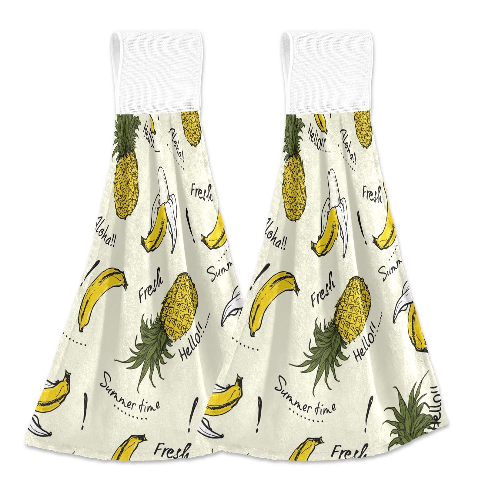 OTVEE Hanging Kitchen Towels Set of 2 - Tropical Aloha Pineapple Banana Print Dish Cloths & Tea Towels for Kitchen, Bathroom Decor - Perfect for Drying Dishes, Cleaning Countertops, and Adding Hawaiian Style to Your Home