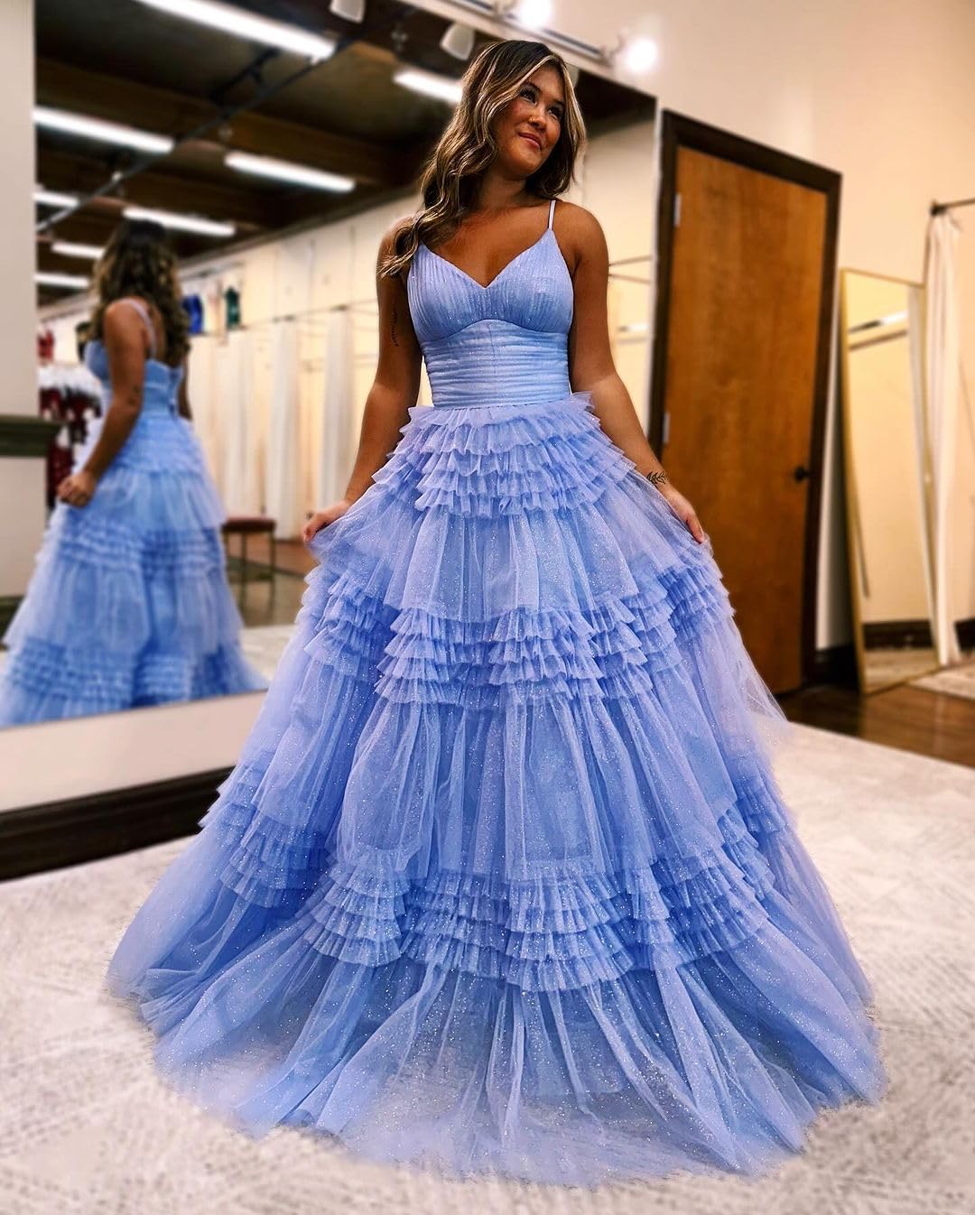 Sparkling Women's Tiered Glitter Tulle Prom Dress - V-Neck Ruffled Formal Evening Gown for Homecoming, Quinceañera, Wedding & Special Occasions