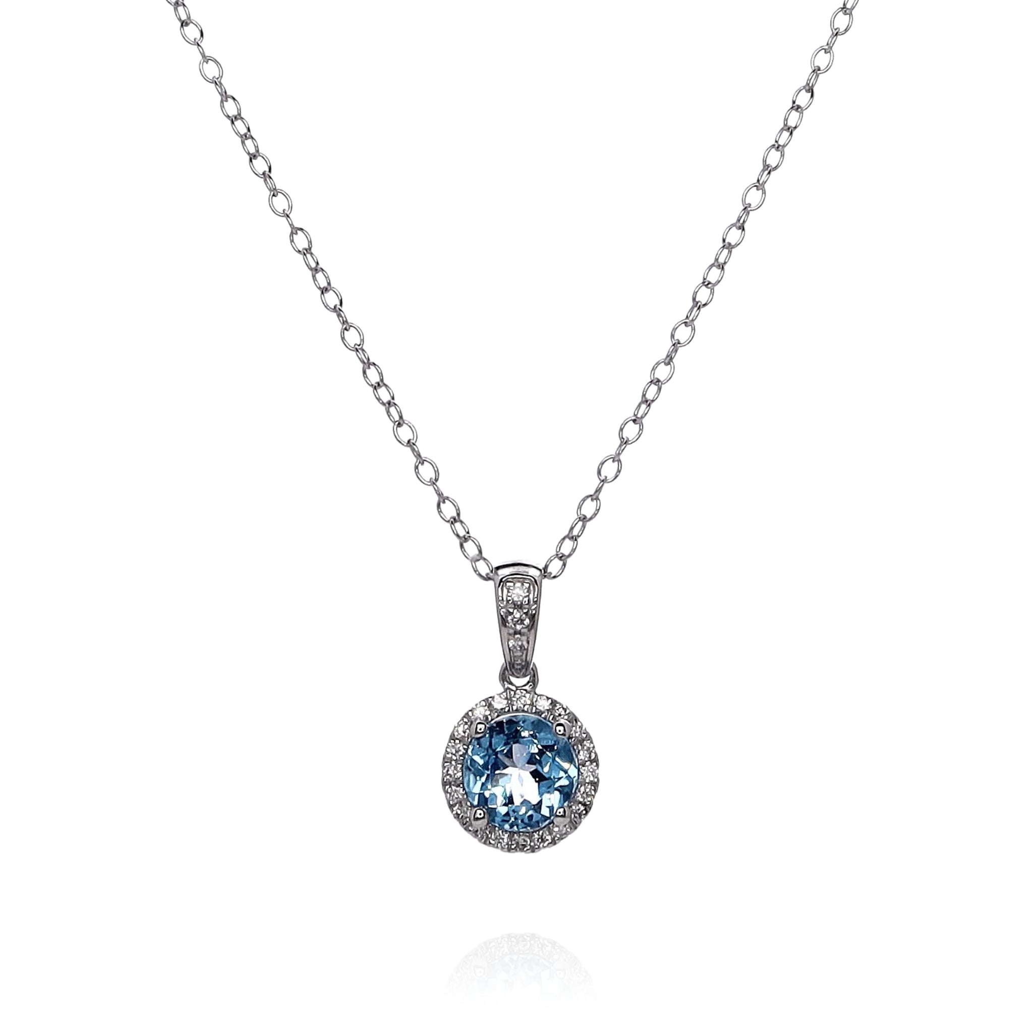 14K White Gold Round Swiss Blue Topaz & Diamond Halo Pendant Necklace for Women - Elegant Jewelry Gift for Birthday, Anniversary & Special Occasions