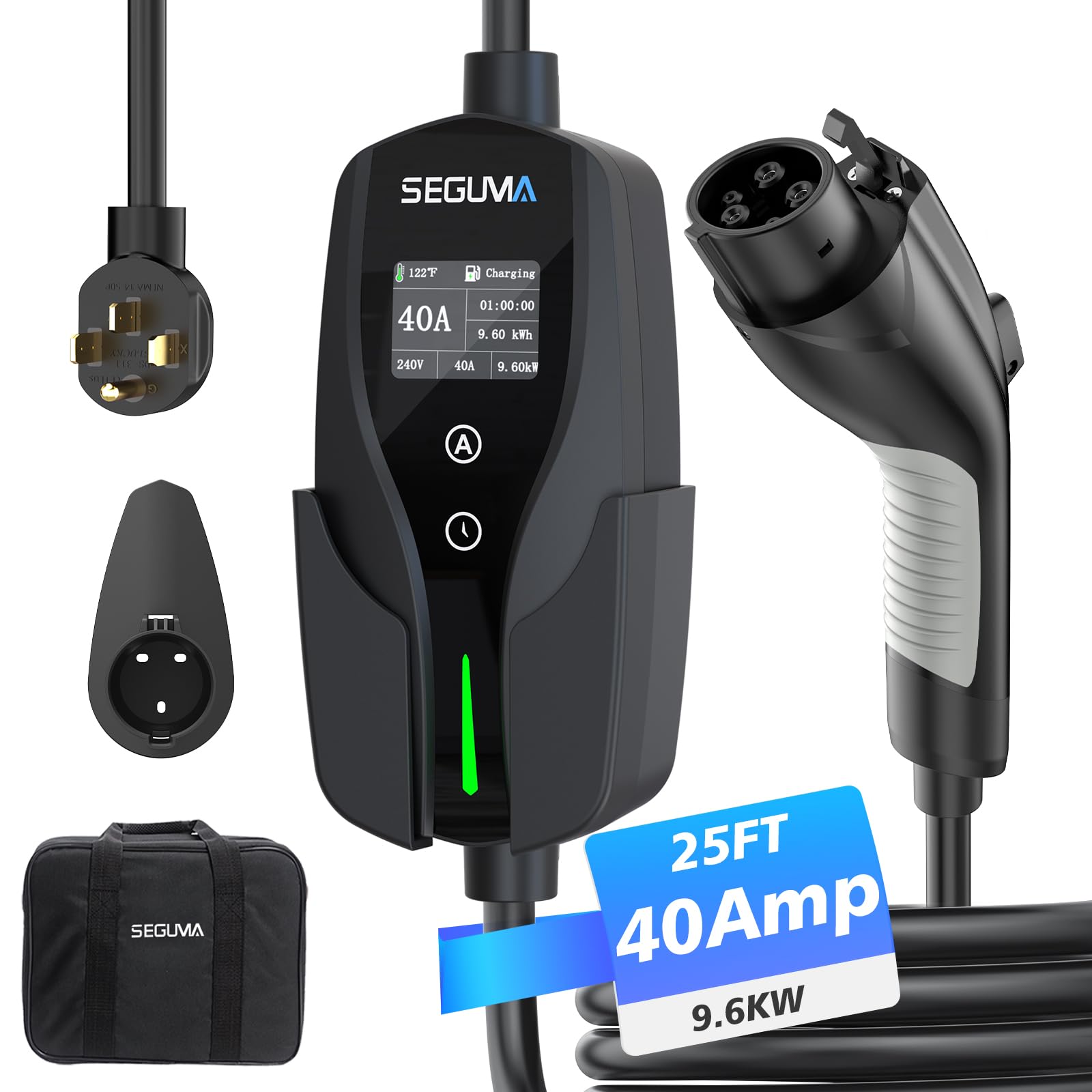 40Amp Level 2 EV Charger - 240V 9.6kW Portable Electric Car Charger with 25FT Cable & NEMA 14-50 Plug | Adjustable Current & Timing Delay | J1772 Compatible for BEVs/PHEVs | Perfect for Home & Road Trip Charging