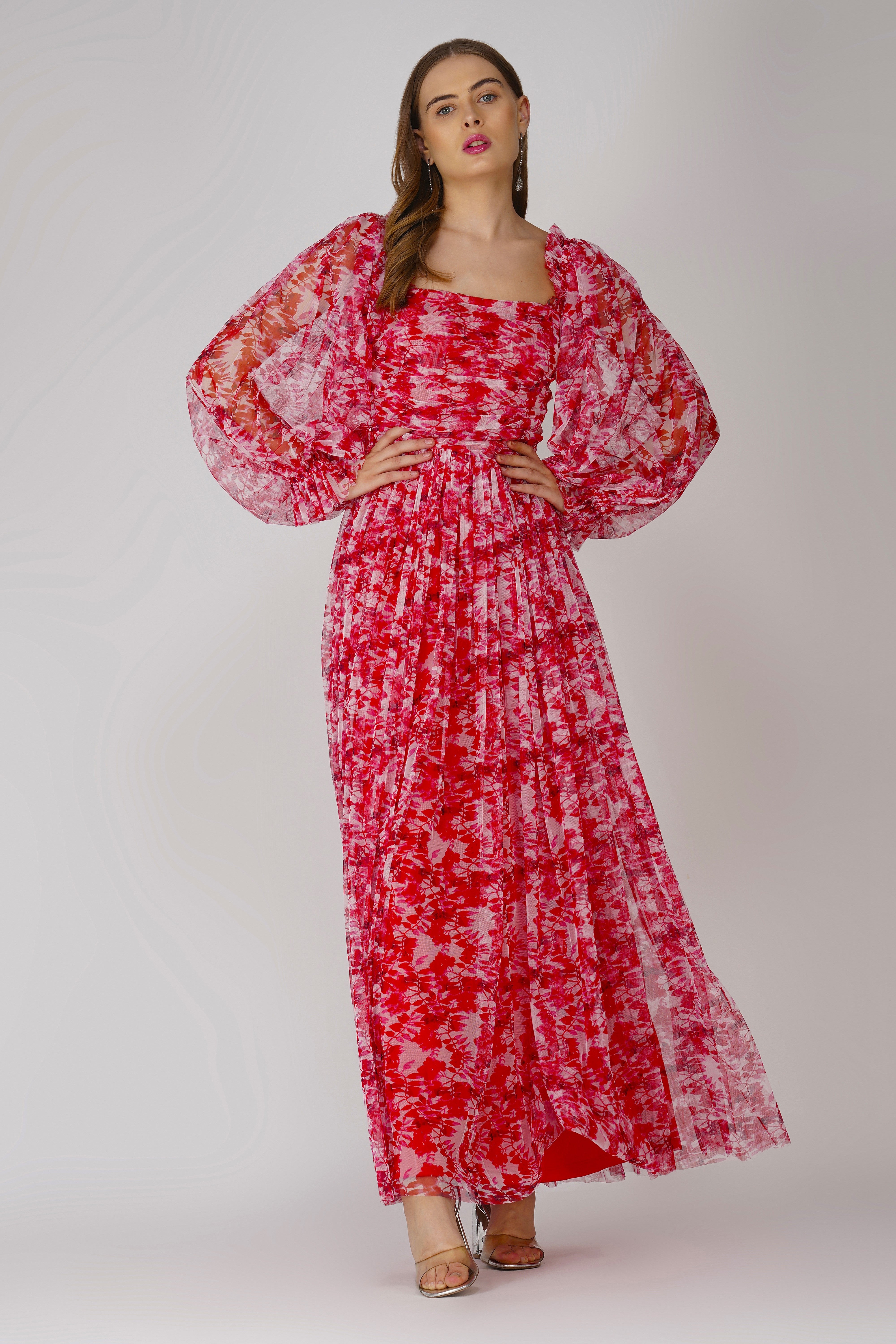 Lana Red Printed Tulle Dress for Women - Elegant Floral Party Gown for Weddings, Prom, Evening Events & Special Occasions