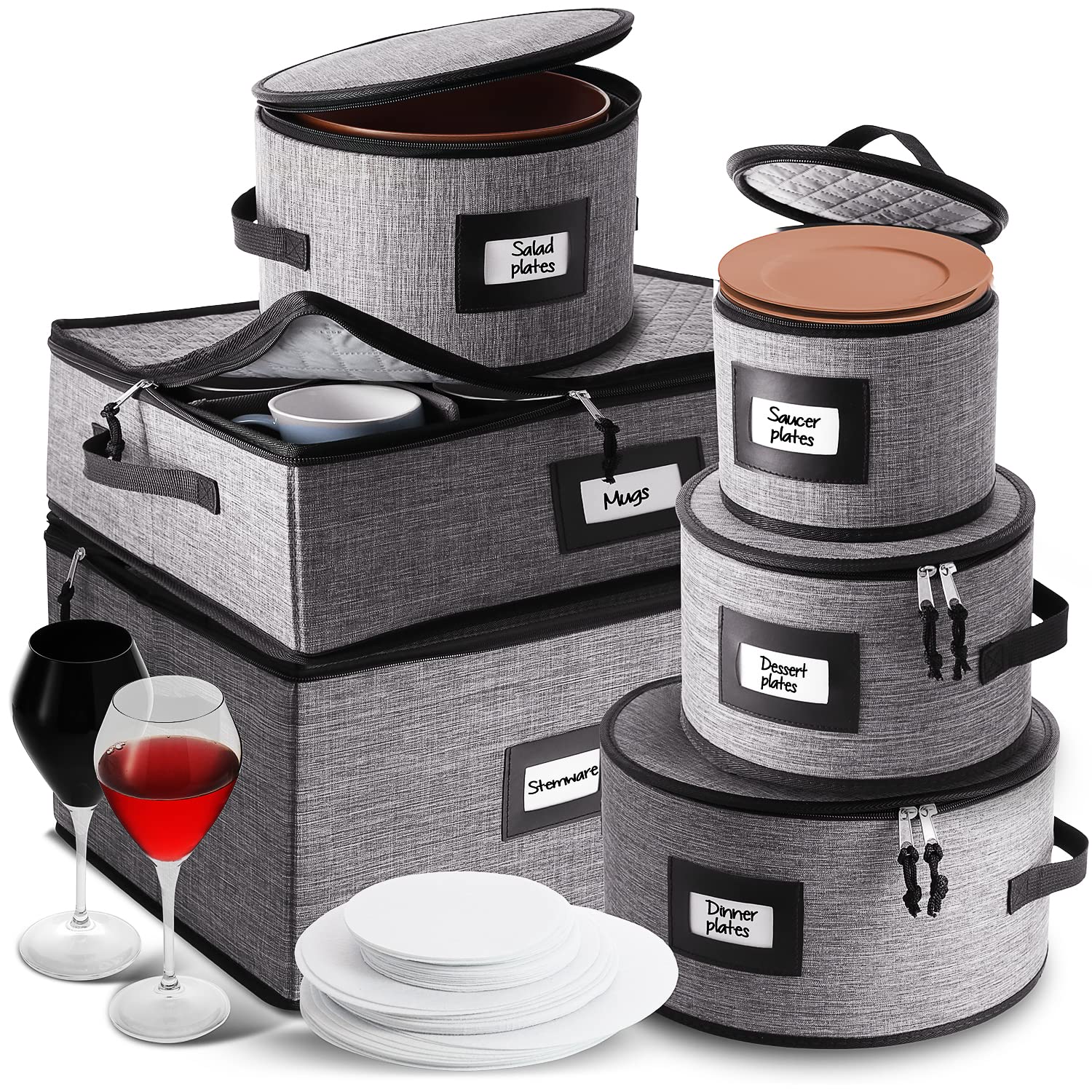 Premium 6-Piece Fine China Storage Containers Set - Hard Shell Stackable Plate & Dish Organizers with Dividers for Coffee Mugs, Wine Glasses - Perfect for Kitchen Cabinet, Buffet Server, and Dining Room Organization