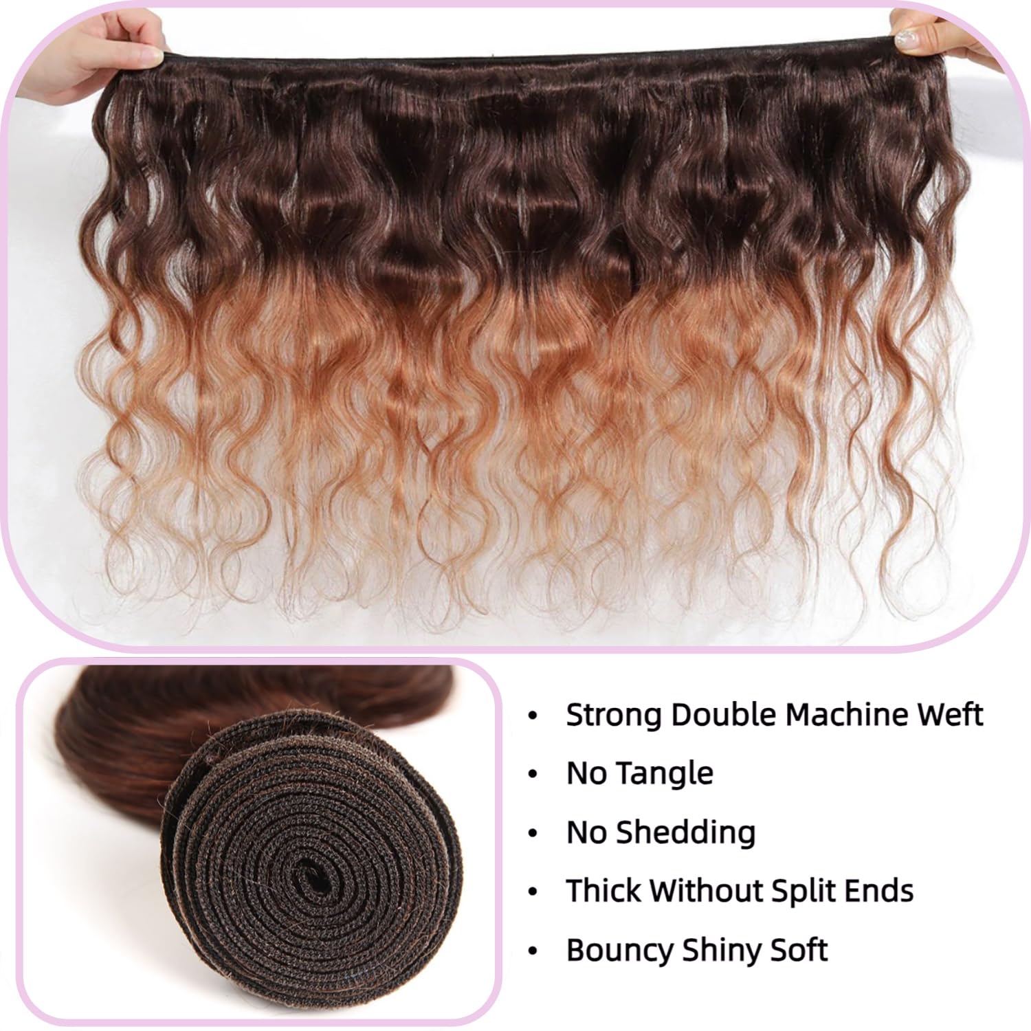 100% Unprocessed Brazilian Body Wave Human Hair Bundles - 3-Pack T4/30 Medium Brown/Medium Auburn Ombre (24