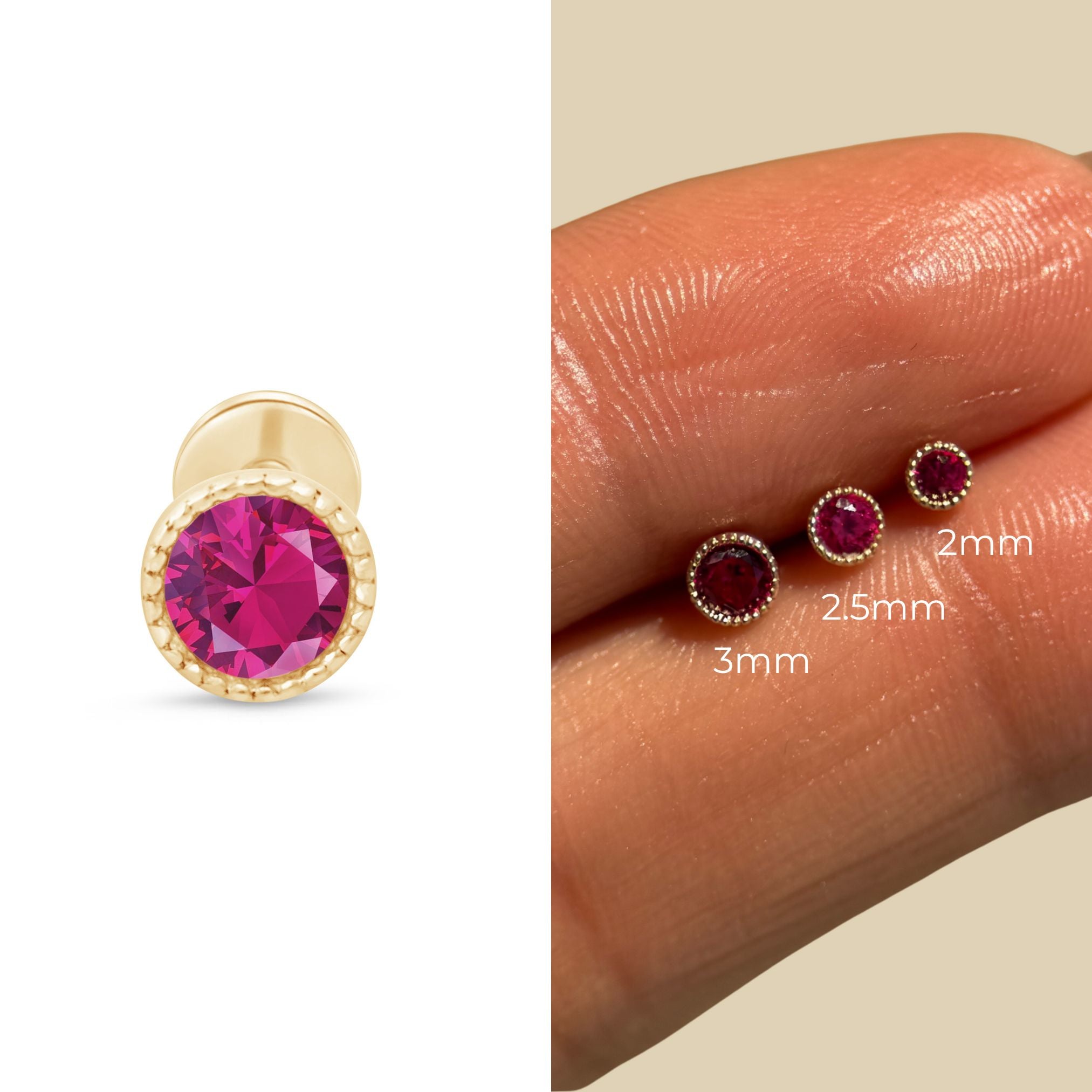 14k Solid Yellow Gold Ruby Flat Back Stud Earrings with Milgrain Detail - Perfect for Everyday Wear & Special Occasions