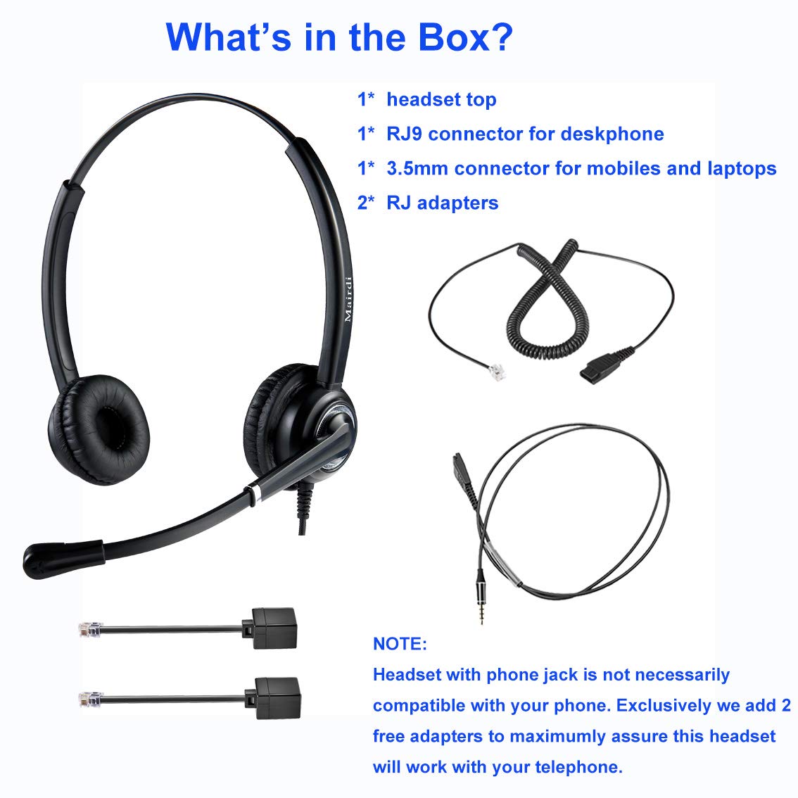 MAIRDI Noise Canceling Telephone Headset with RJ9 Jack & 3.5mm Connector - Compatible with Landline Phones, Cell Phones, PCs & Laptops - Ideal for Call Centers, Office Work & Remote Communication