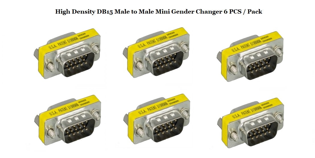 D-Sub Serial Mini Gender Changer Coupler Adapter - 6 Pack DB15 Male to Male High-Density Connector - Perfect for Computer, Server & Industrial Equipment Connections