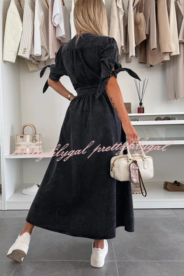 Stylish Solid Color V-Neck Button Down Denim Midi Dress for Women | Casual & Office Wear | Perfect for Spring & Summer Outings
